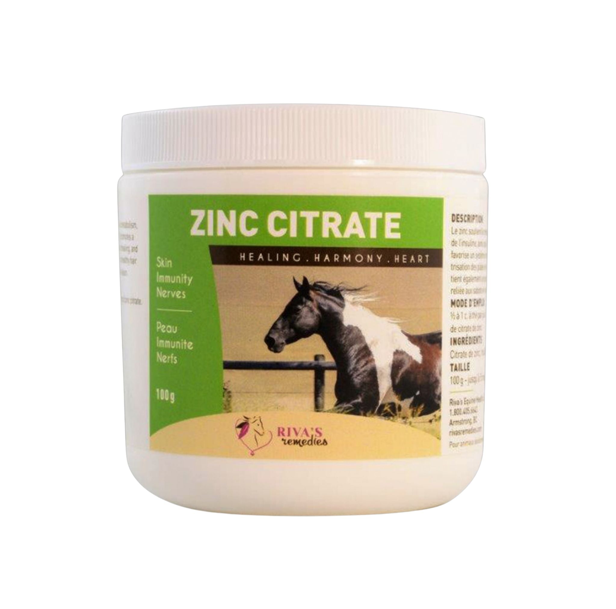 Citrate de zinc cheval 100g - sabots peau immunite hormones Riva Remedies Quebec