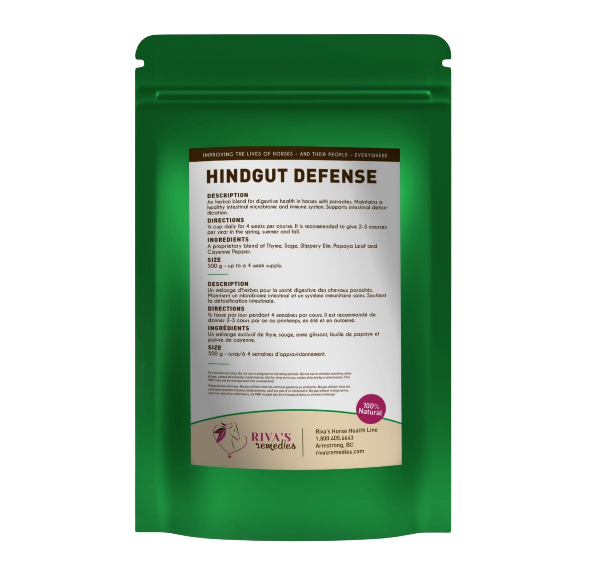 Hindgut Defense 500g dos - ingredients thym sauge orme rouge ail piment Riva Remedies Canada