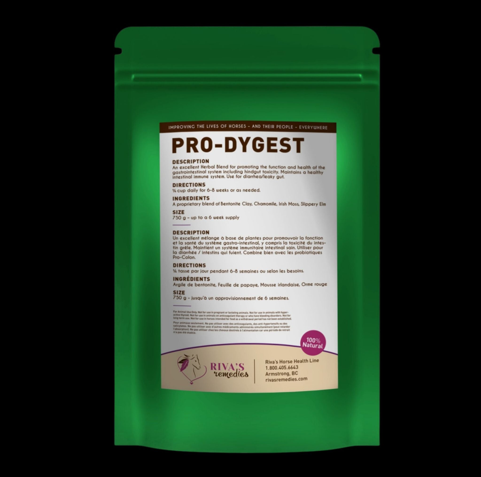 Pro-Dygest 750g devant - nettoyant colon intestin posterieur cheval Riva Remedies Quebec