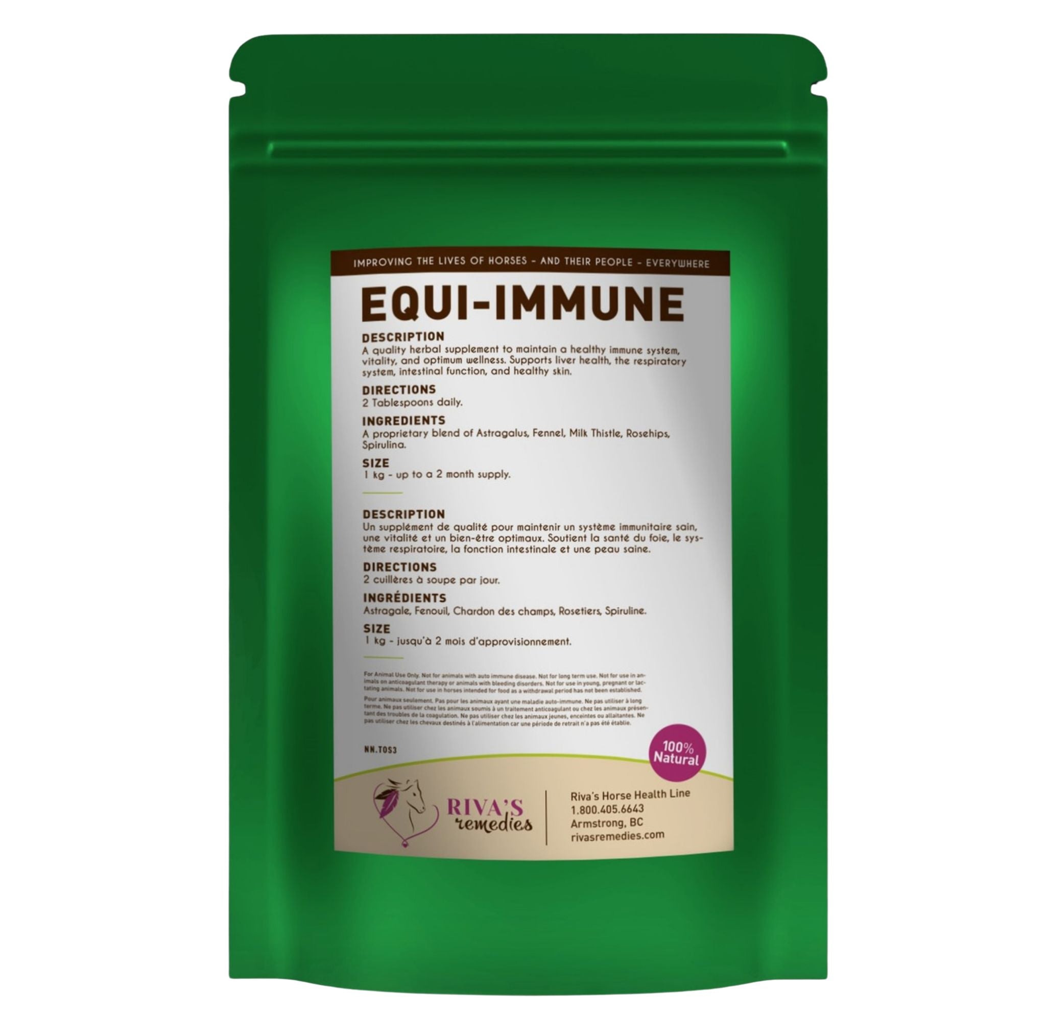 Equi-Immune ingredients - astragale chardon-Marie cynorrhodons spiruline fenouil cheval Canada