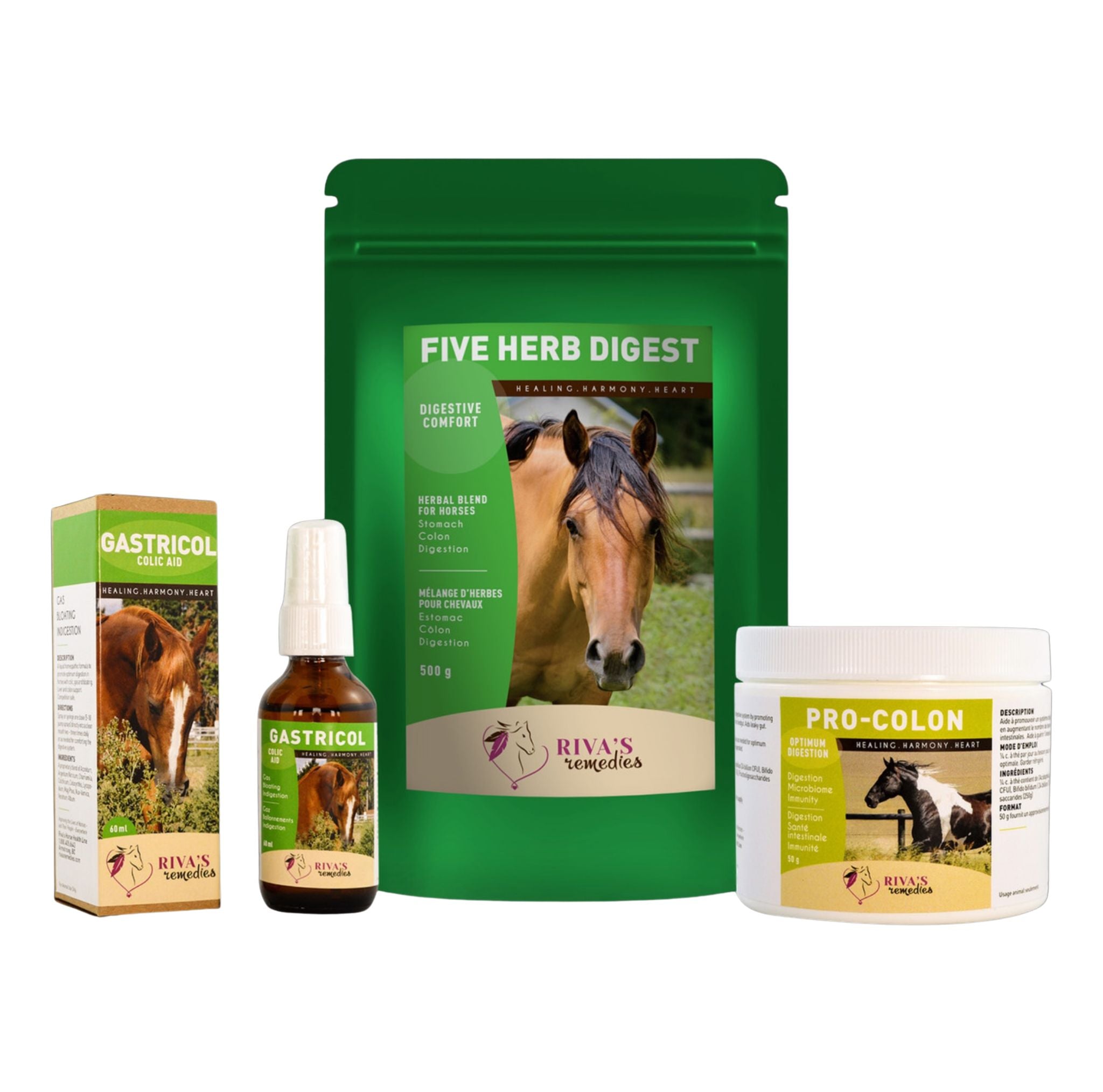 Kit soutien digestif et coliques cheval - Five Herb Digest Pro-Colon Gastricol Riva Remedies Quebec