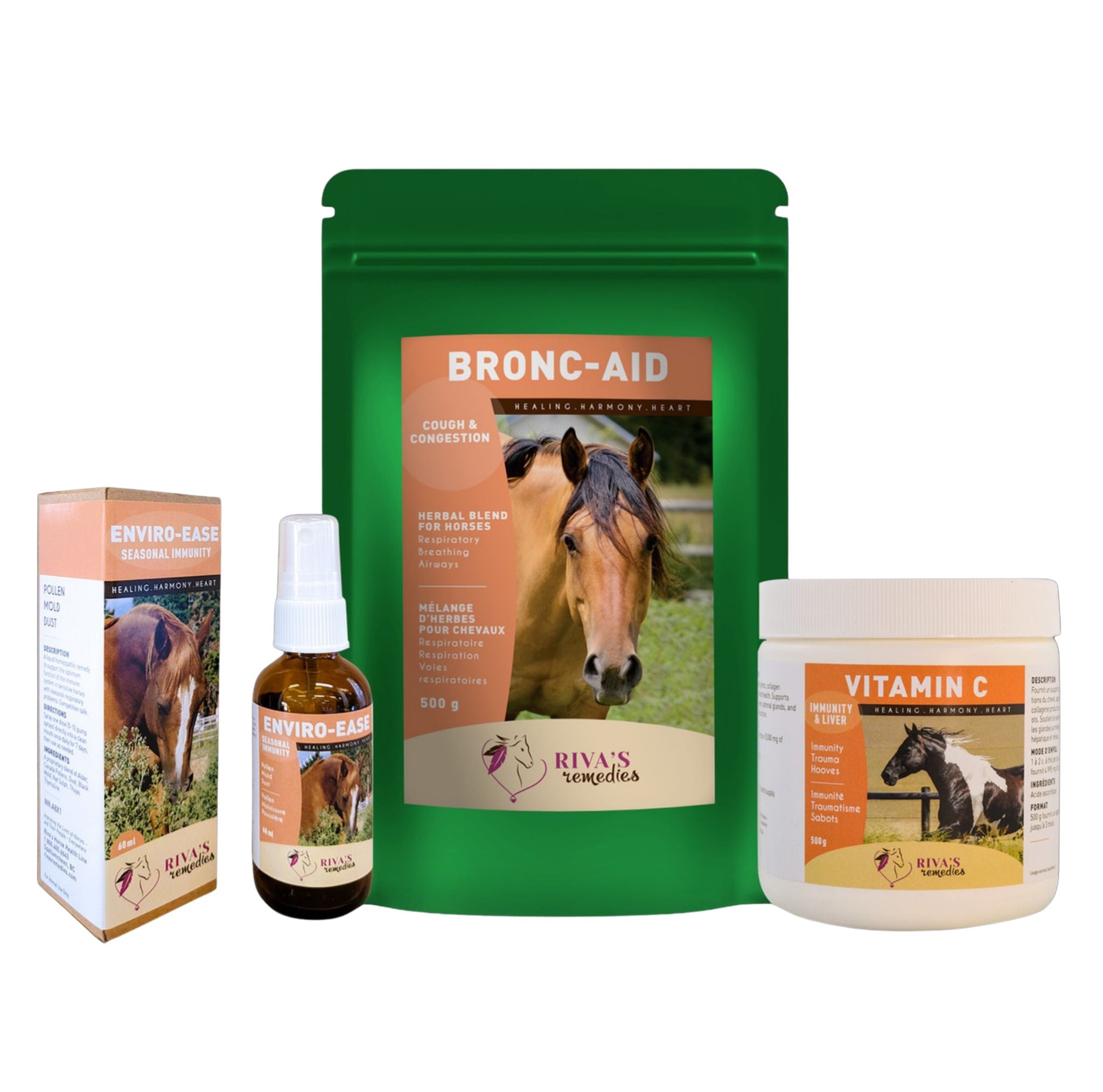 Kit respiratoire cheval - Bronc-Aid Enviro-Ease Vitamine C allergies toux Riva Remedies Quebec