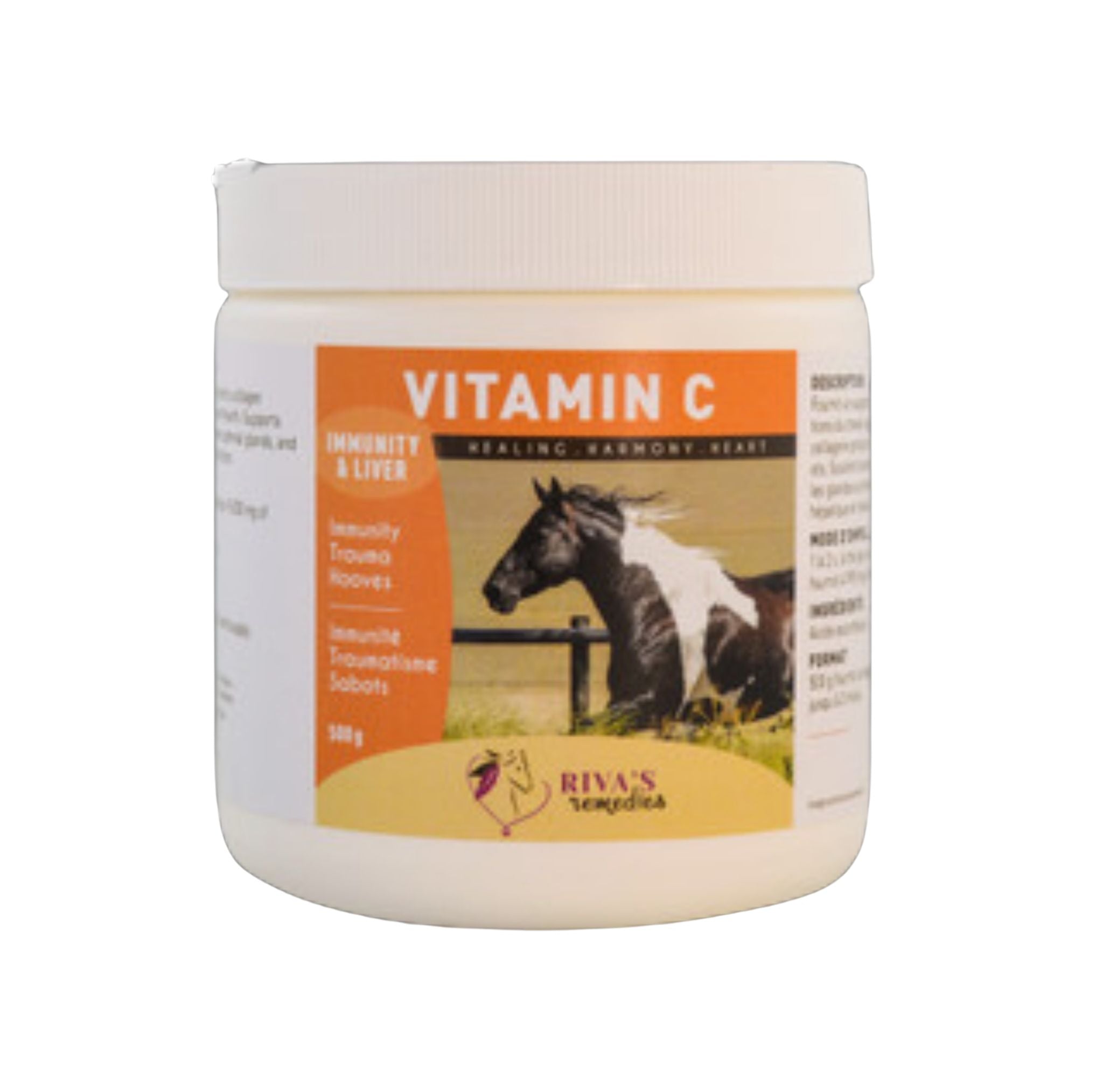 Vitamine C cheval 500g - acide ascorbique immunite collagene articulations sabots Riva Remedies Quebec